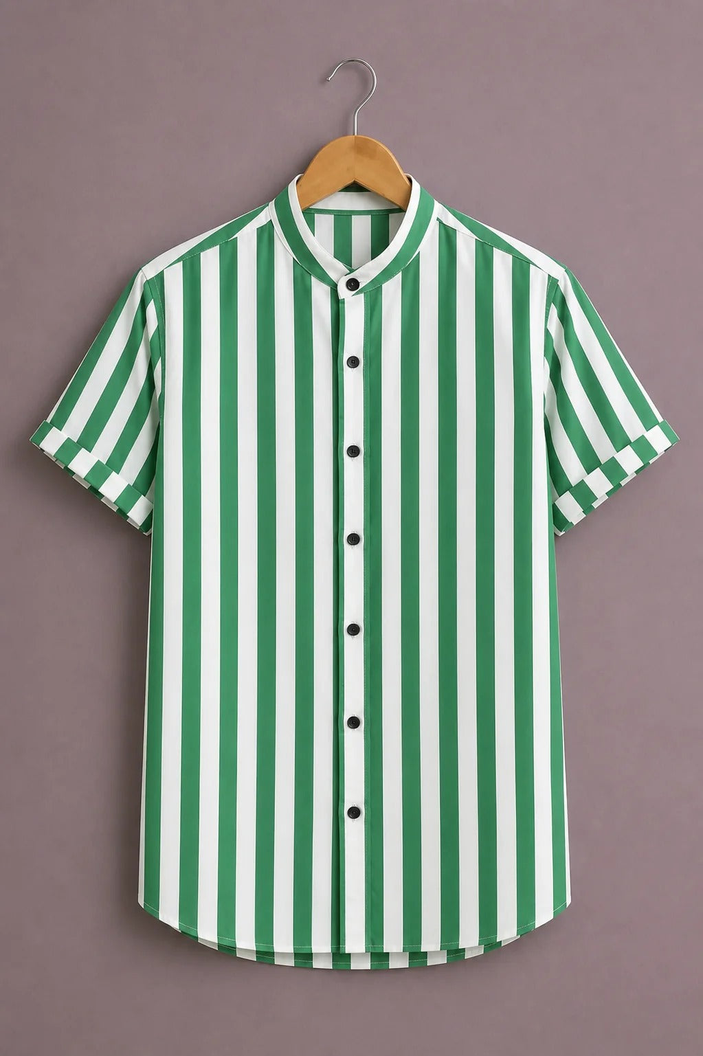 Men's Green & White Vertical Stripe Mandarin Collar Short Sleeve Casual Shirt