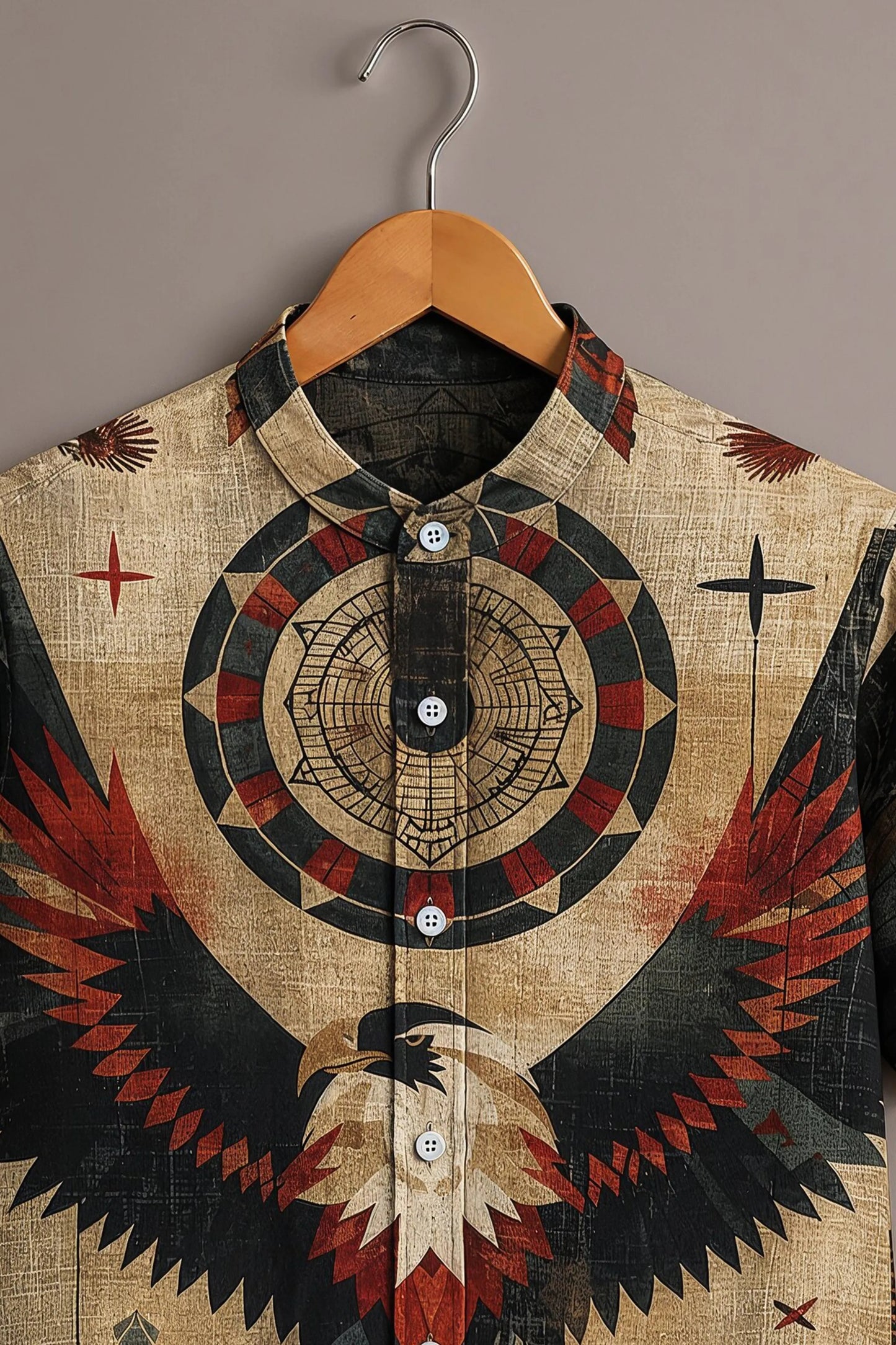 Men's Vintage Eagle Graphic Mandarin Collar Short Sleeve Casual Shirt