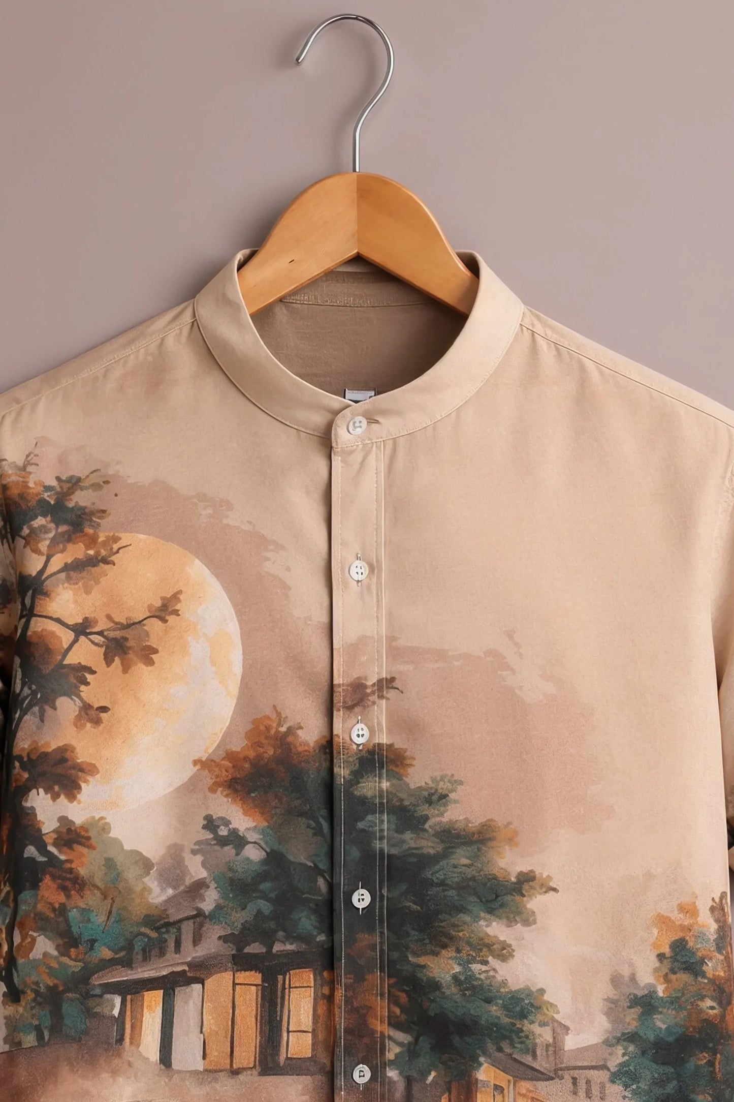 Men's Vintage Car Scenic Print Mandarin Collar Short Sleeve Casual Shirt