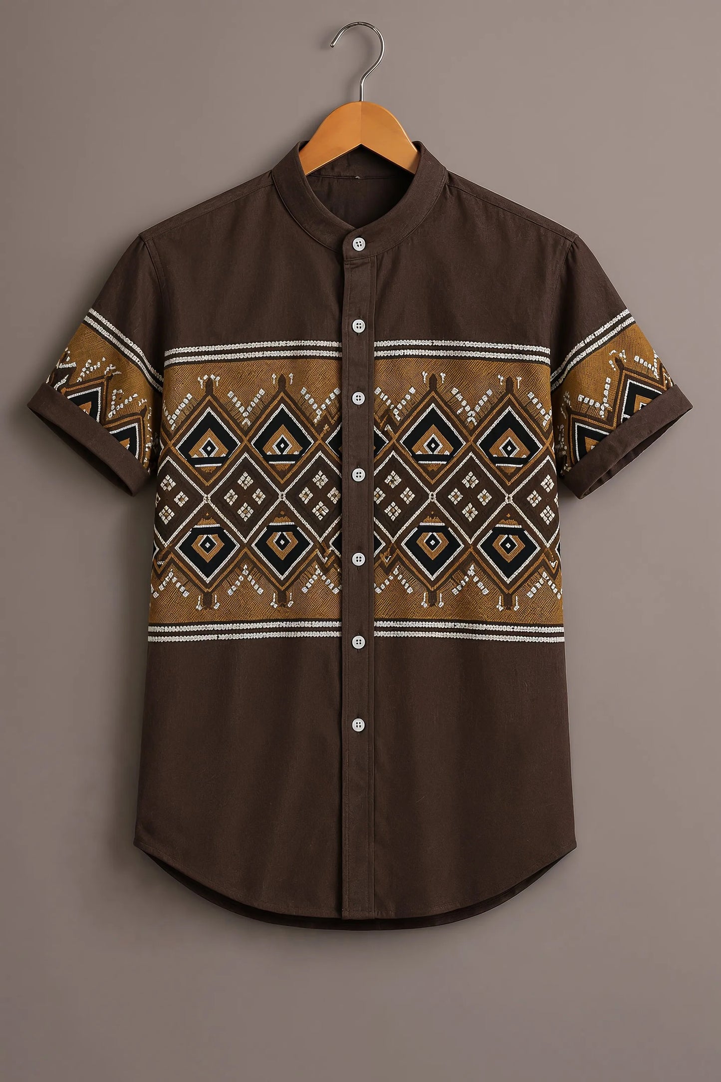 Men's Tribal Geometric Print Mandarin Collar Short Sleeve Casual Shirt – Brown