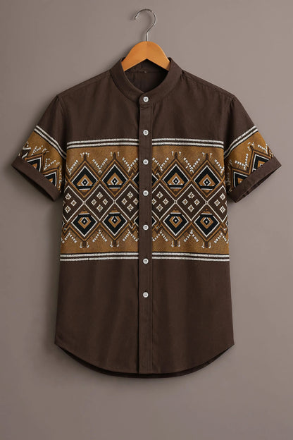 Men's Tribal Geometric Print Mandarin Collar Short Sleeve Casual Shirt – Brown