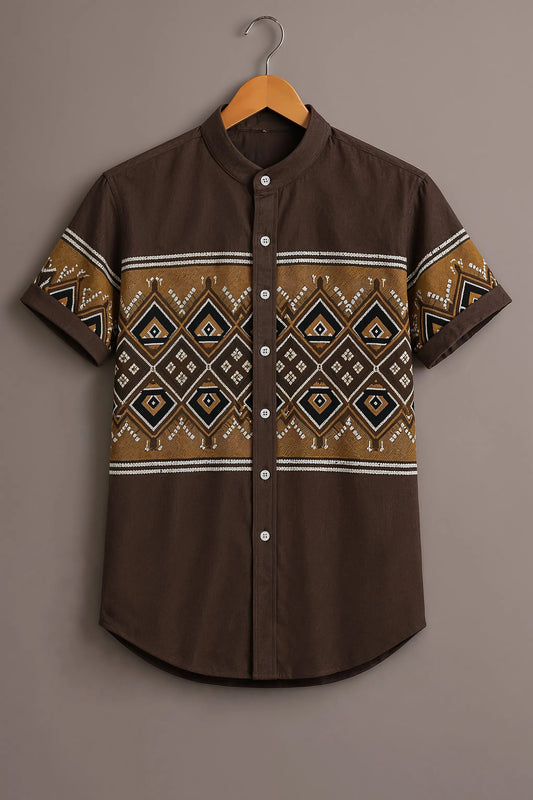 Men's Tribal Geometric Print Mandarin Collar Short Sleeve Casual Shirt – Brown