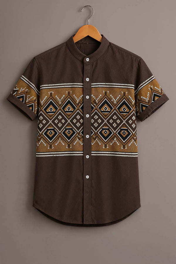Men's Tribal Geometric Print Mandarin Collar Short Sleeve Casual Shirt – Brown