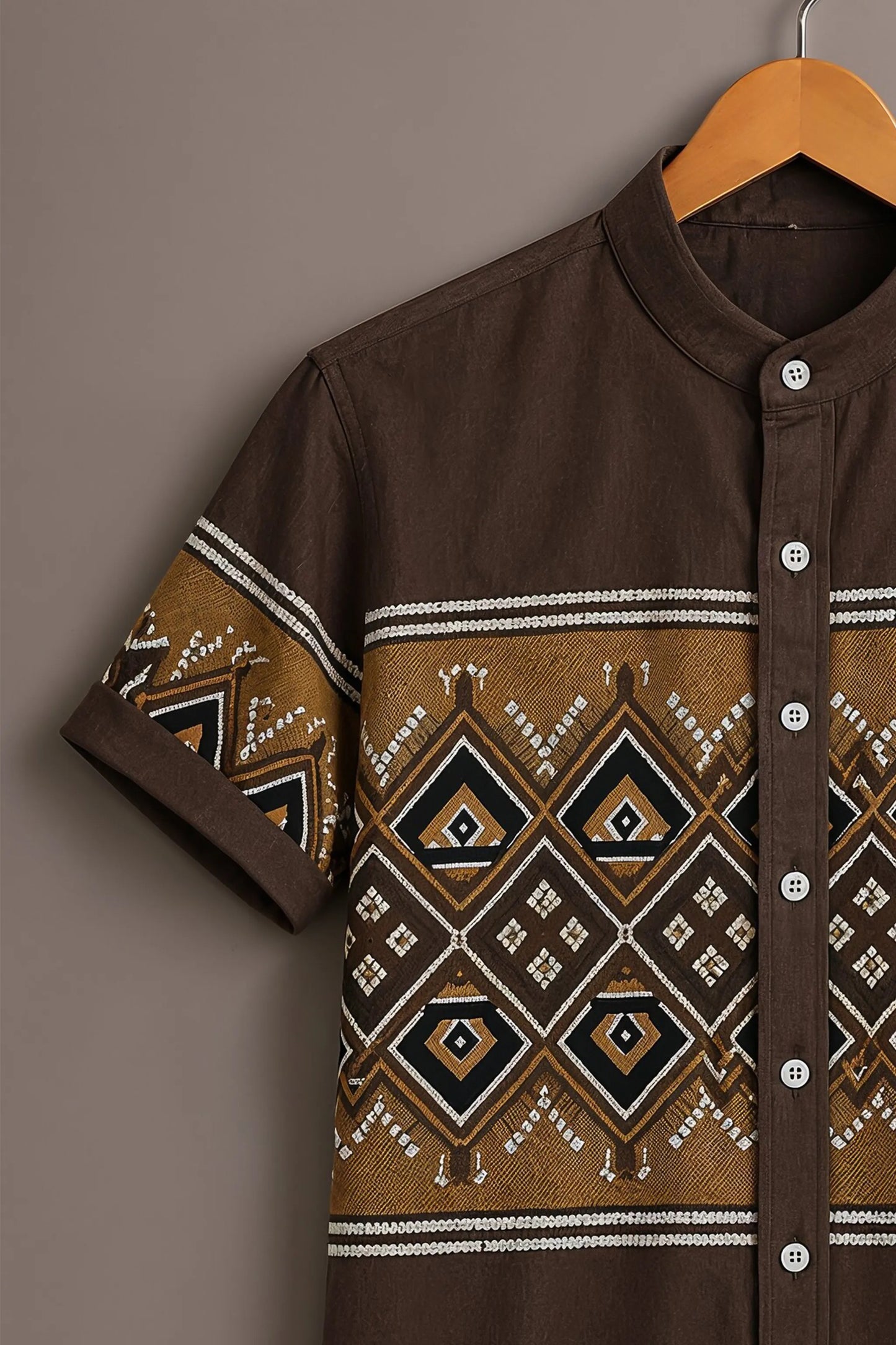 Men's Tribal Geometric Print Mandarin Collar Short Sleeve Casual Shirt – Brown