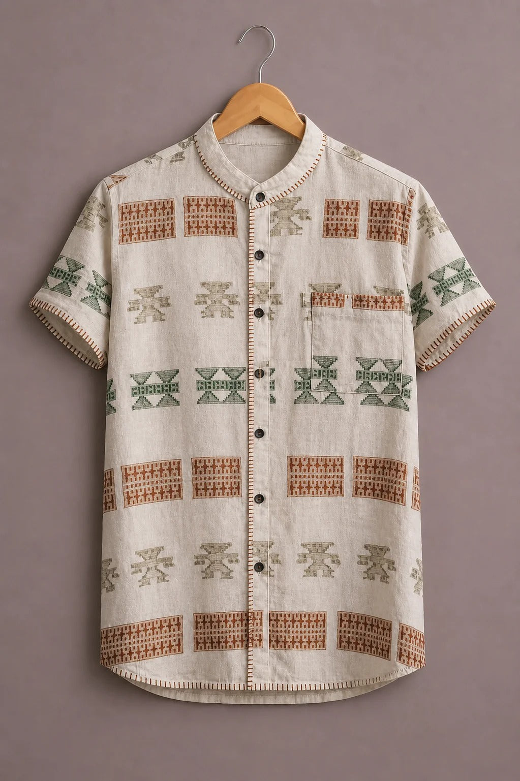 Men's Ethnic Geometric Print Mandarin Collar Short Sleeve Casual Shirt – Ivory