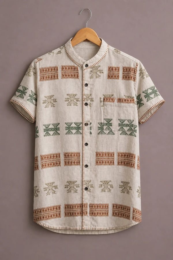 Men's Ethnic Geometric Print Mandarin Collar Short Sleeve Casual Shirt – Ivory