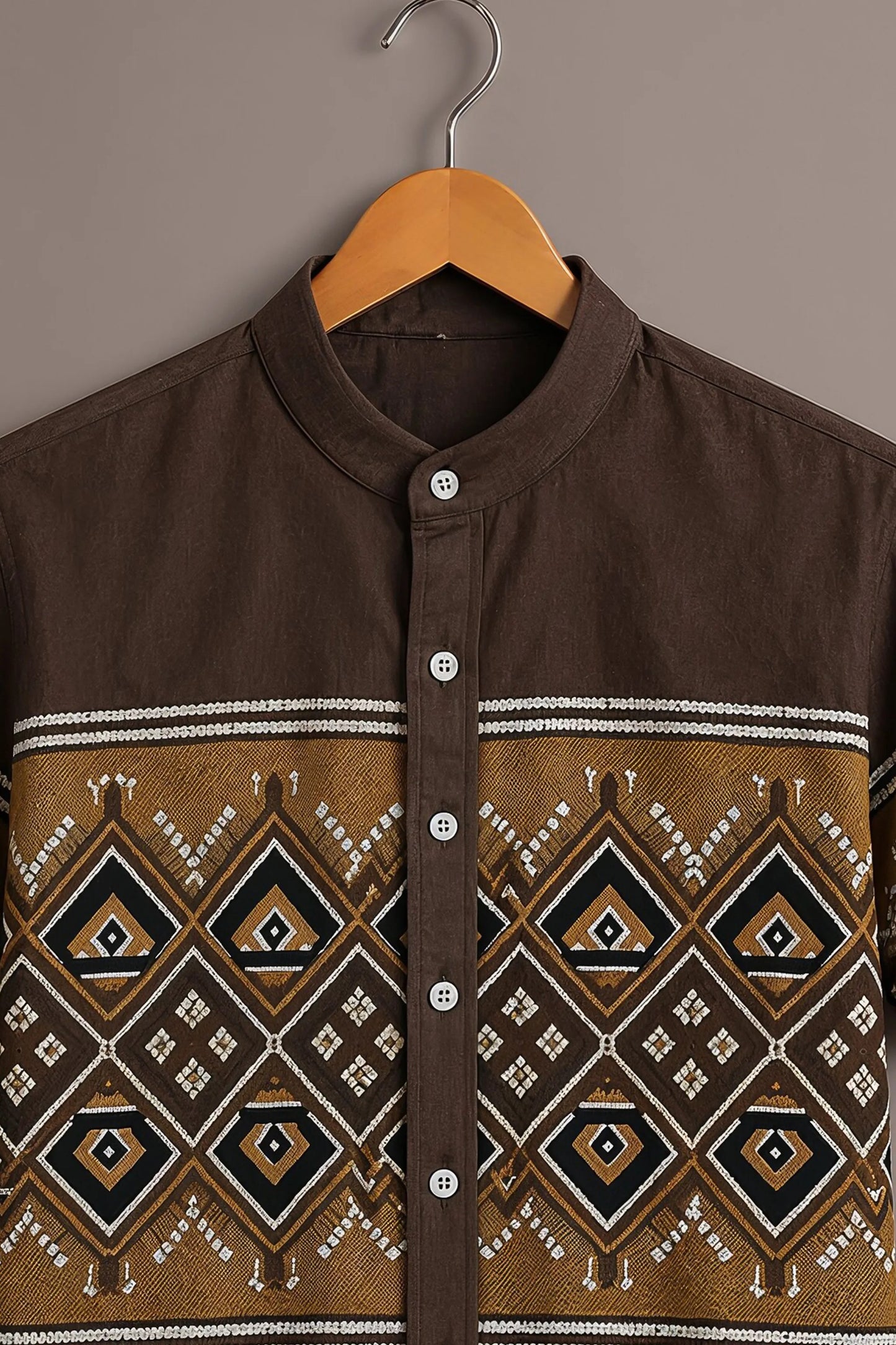 Men's Tribal Geometric Print Mandarin Collar Short Sleeve Casual Shirt – Brown