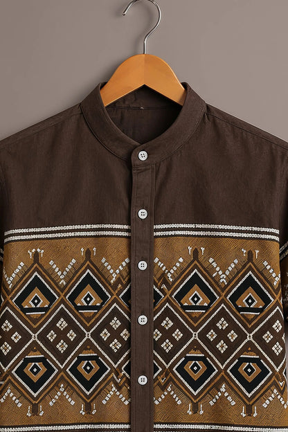 Men's Tribal Geometric Print Mandarin Collar Short Sleeve Casual Shirt – Brown