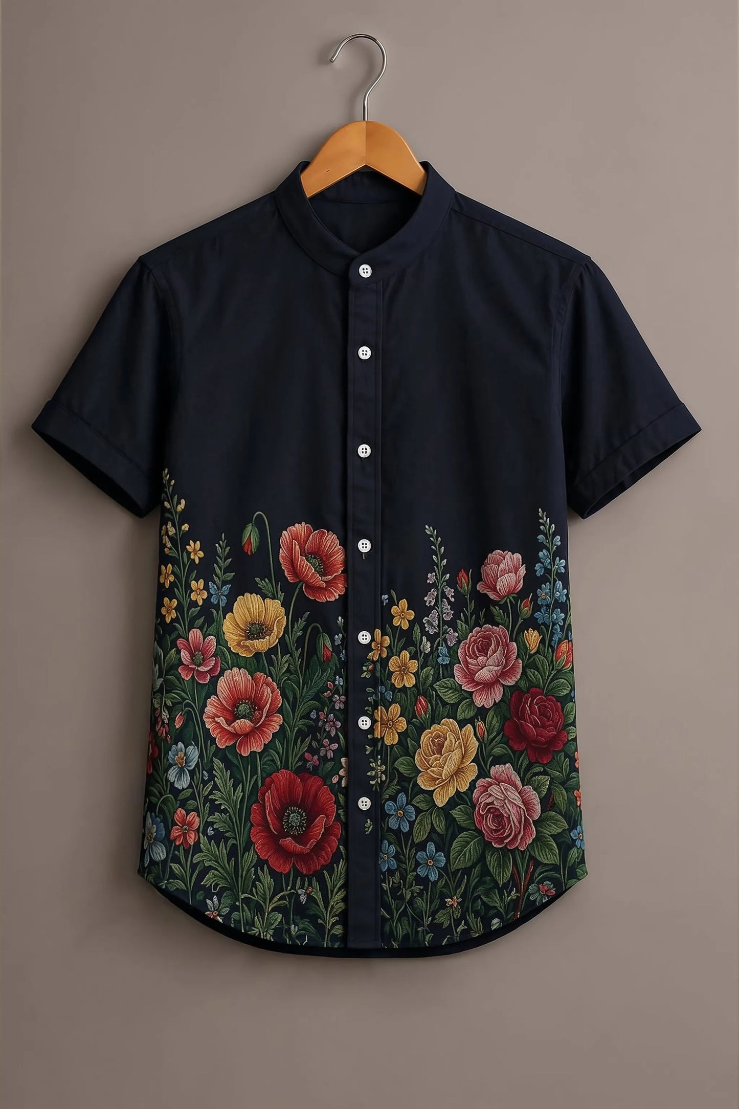 Men's Floral Print Mandarin Collar Short Sleeve Casual Shirt – Navy Blue