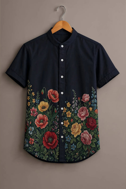 Men's Floral Print Mandarin Collar Short Sleeve Casual Shirt – Navy Blue
