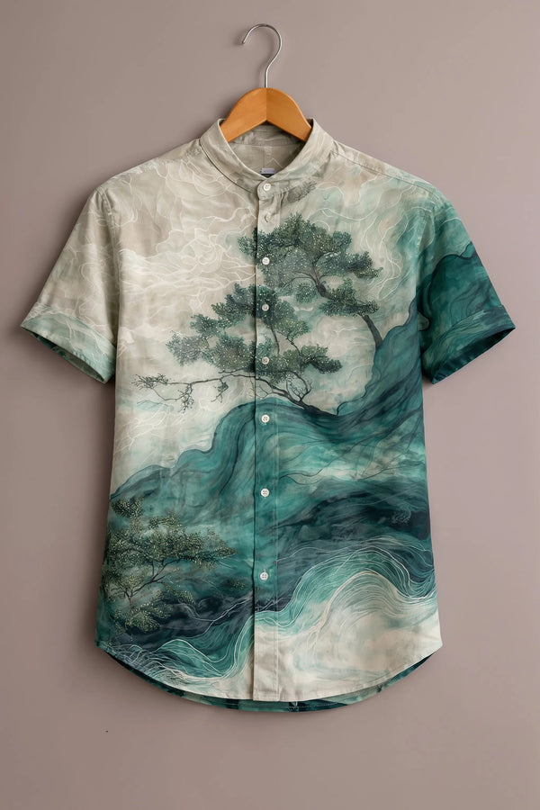 Men's Japanese Landscape Printed Mandarin Collar Short Sleeve Casual Shirt