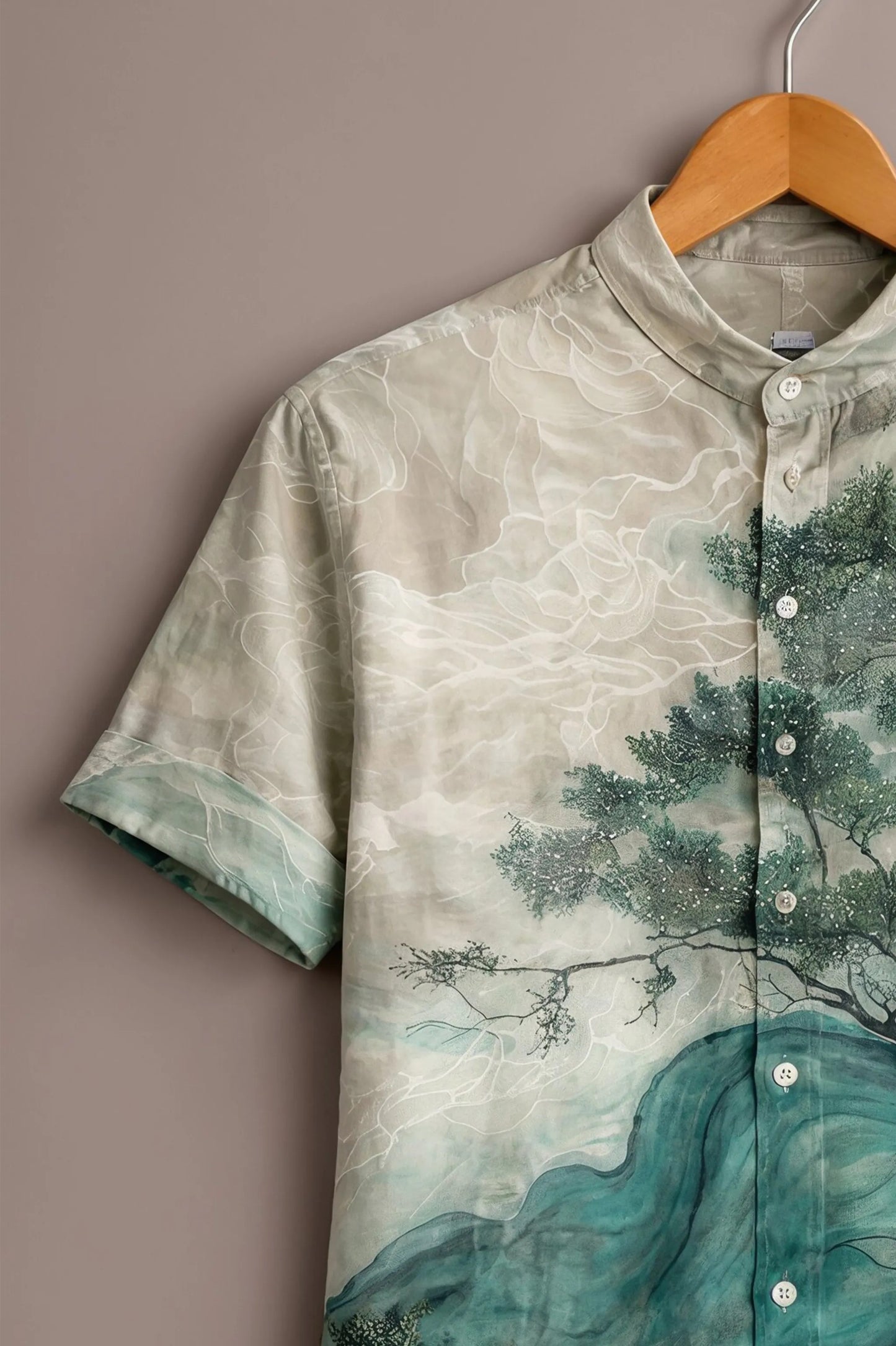 Men's Japanese Landscape Printed Mandarin Collar Short Sleeve Casual Shirt