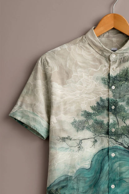 Men's Japanese Landscape Printed Mandarin Collar Short Sleeve Casual Shirt
