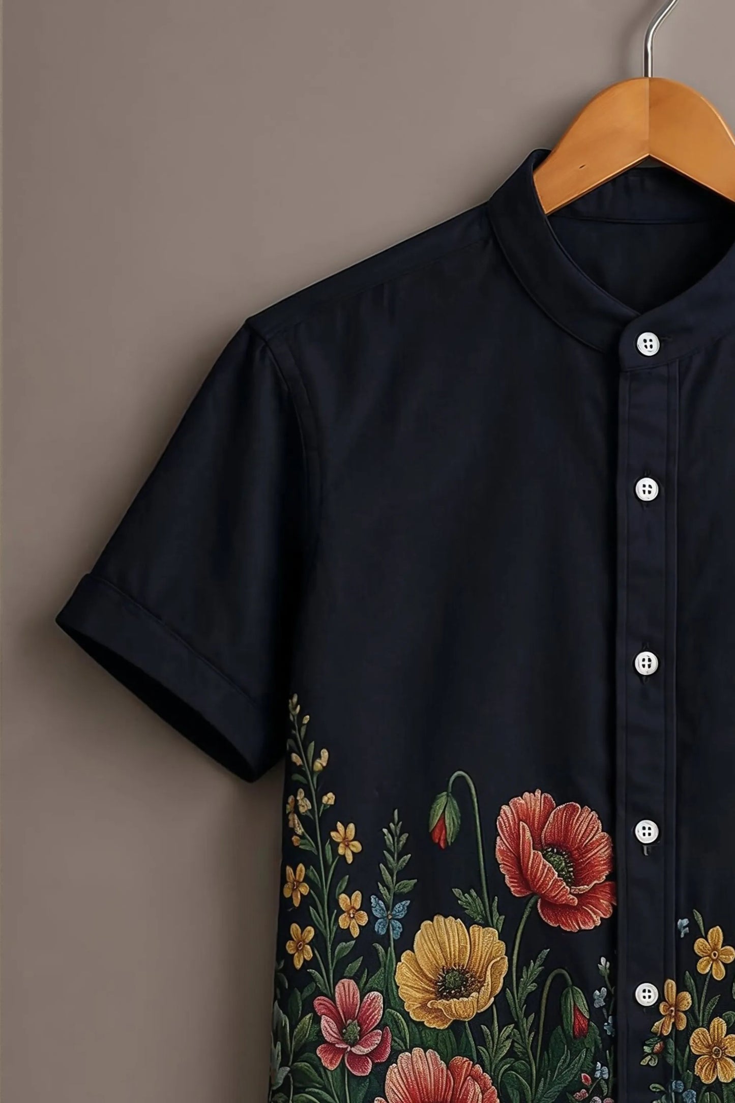 Men's Floral Print Mandarin Collar Short Sleeve Casual Shirt – Navy Blue