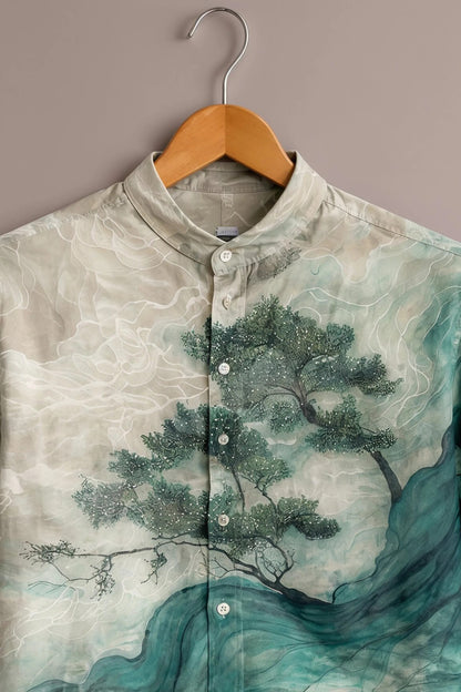 Men's Japanese Landscape Printed Mandarin Collar Short Sleeve Casual Shirt
