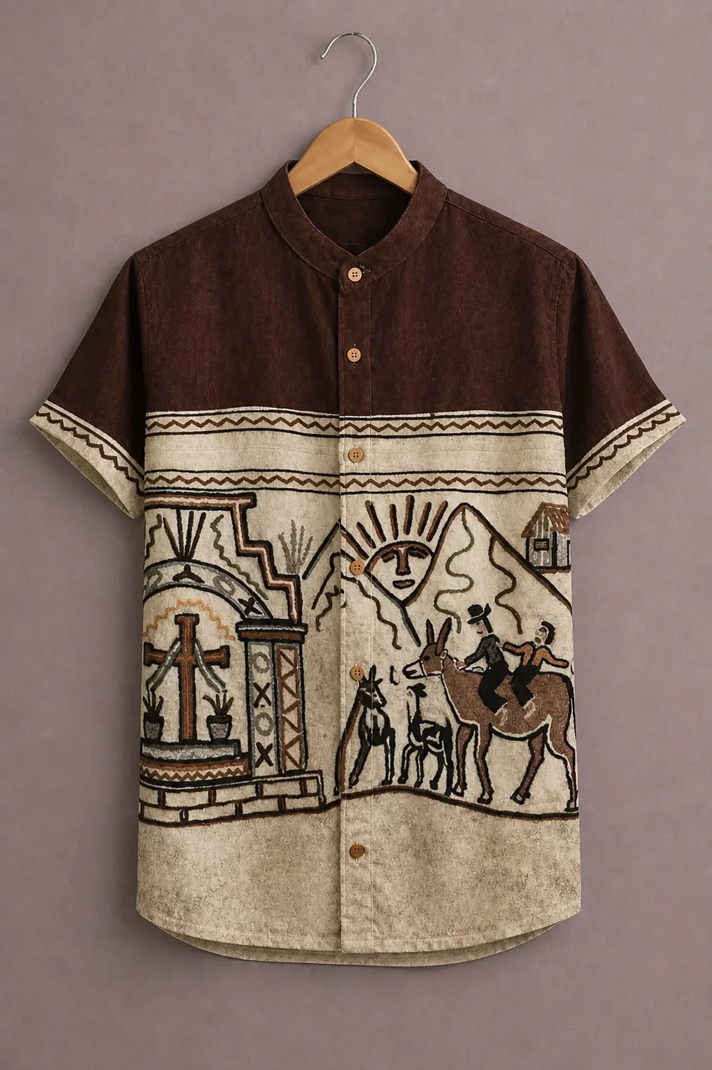 Men's Tribal Geometric Print Mandarin Collar Short Sleeve Casual Shirt – Ivory