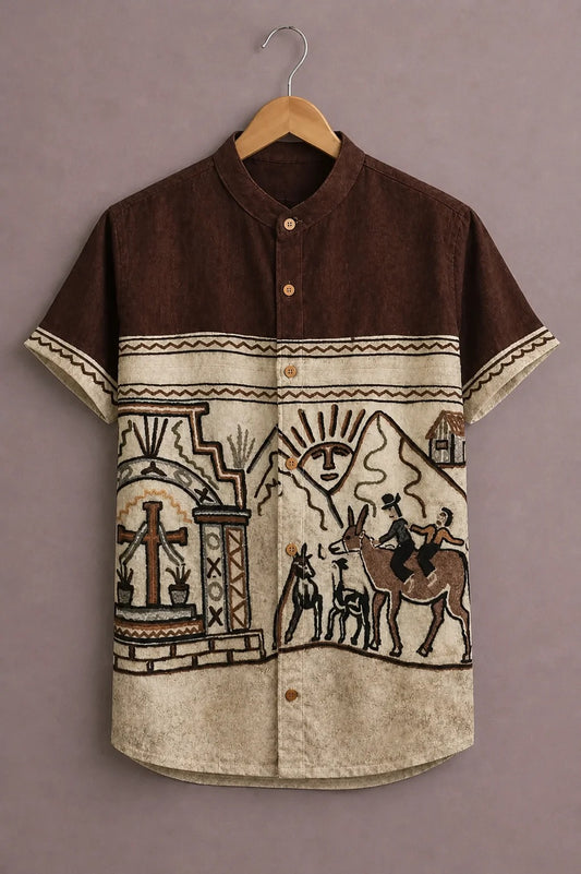 Men's Tribal Geometric Print Mandarin Collar Short Sleeve Casual Shirt – Ivory