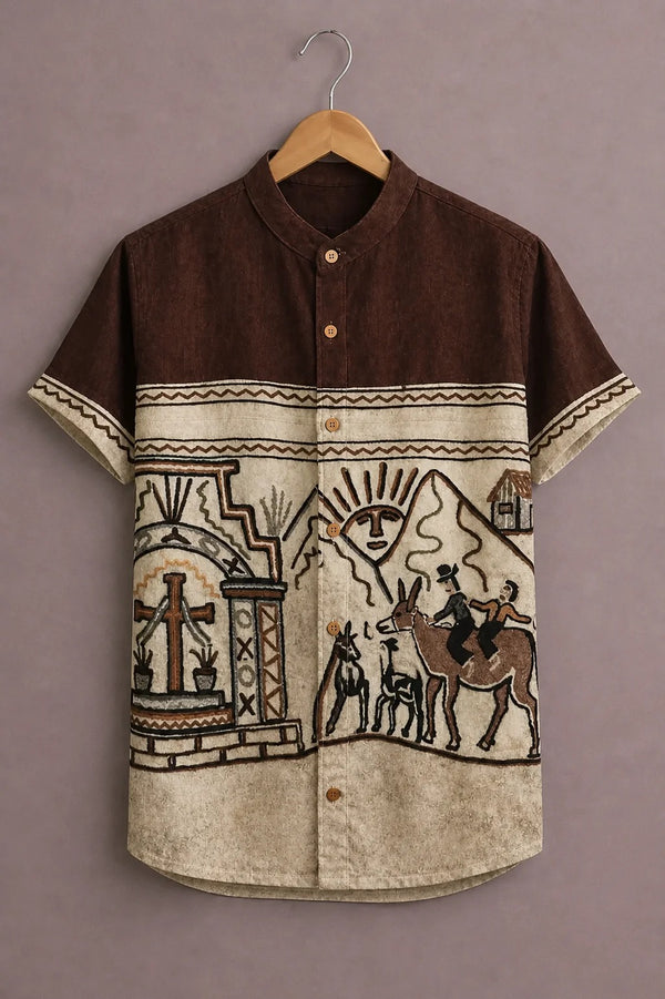 Men's Tribal Geometric Print Mandarin Collar Short Sleeve Casual Shirt – Ivory
