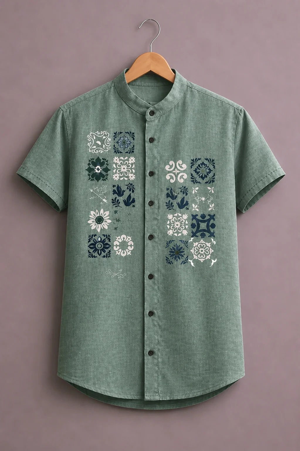 Men's Japanese Crane & Calligraphy Print Mandarin Collar Short Sleeve Casual Shirt – Beige