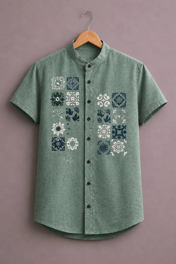 Men's Japanese Crane & Calligraphy Print Mandarin Collar Short Sleeve Casual Shirt – Beige