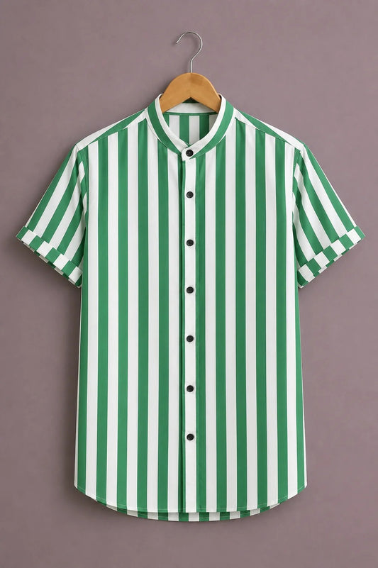 Men's Green & White Vertical Stripe Mandarin Collar Short Sleeve Casual Shirt