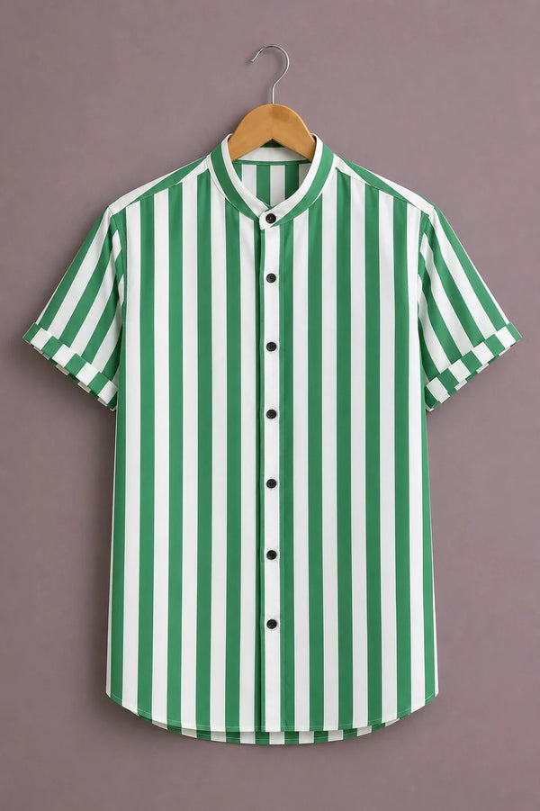 Men's Green & White Vertical Stripe Mandarin Collar Short Sleeve Casual Shirt