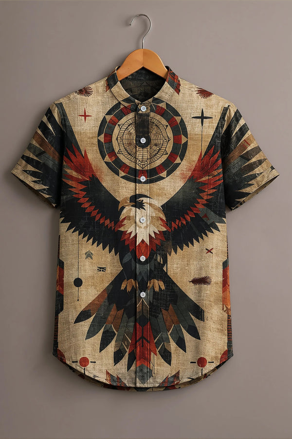 Men's Vintage Eagle Graphic Mandarin Collar Short Sleeve Casual Shirt
