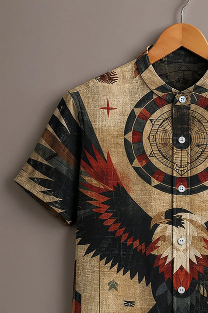 Men's Vintage Eagle Graphic Mandarin Collar Short Sleeve Casual Shirt