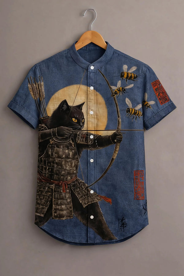 Men's Samurai Cat Graphic Mandarin Collar Short Sleeve Casual Shirt
