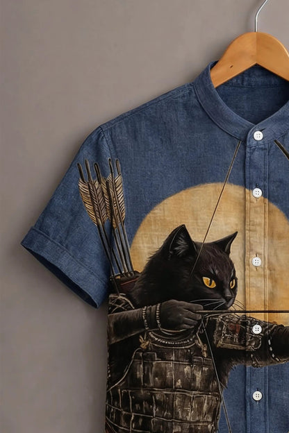 Men's Samurai Cat Graphic Mandarin Collar Short Sleeve Casual Shirt