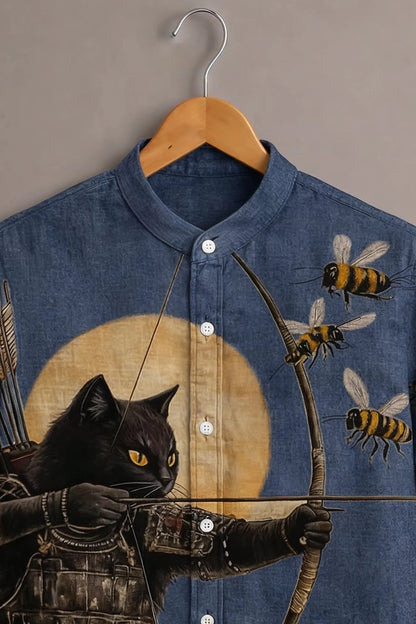 Men's Samurai Cat Graphic Mandarin Collar Short Sleeve Casual Shirt