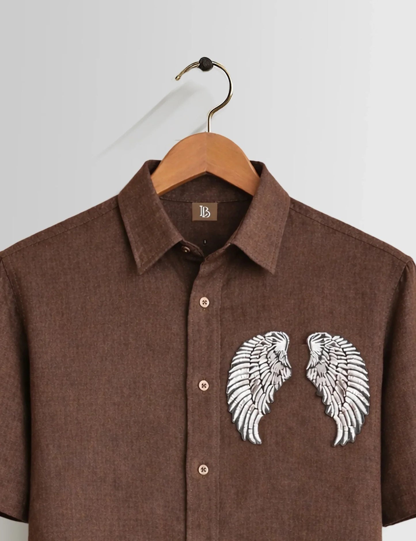 Men's Brown Angel Wings Embroidered Short Sleeve Casual Button-Up Shirt