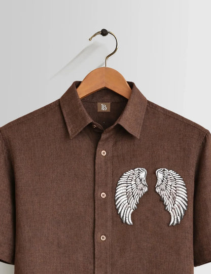 Men's Brown Angel Wings Embroidered Short Sleeve Casual Button-Up Shirt