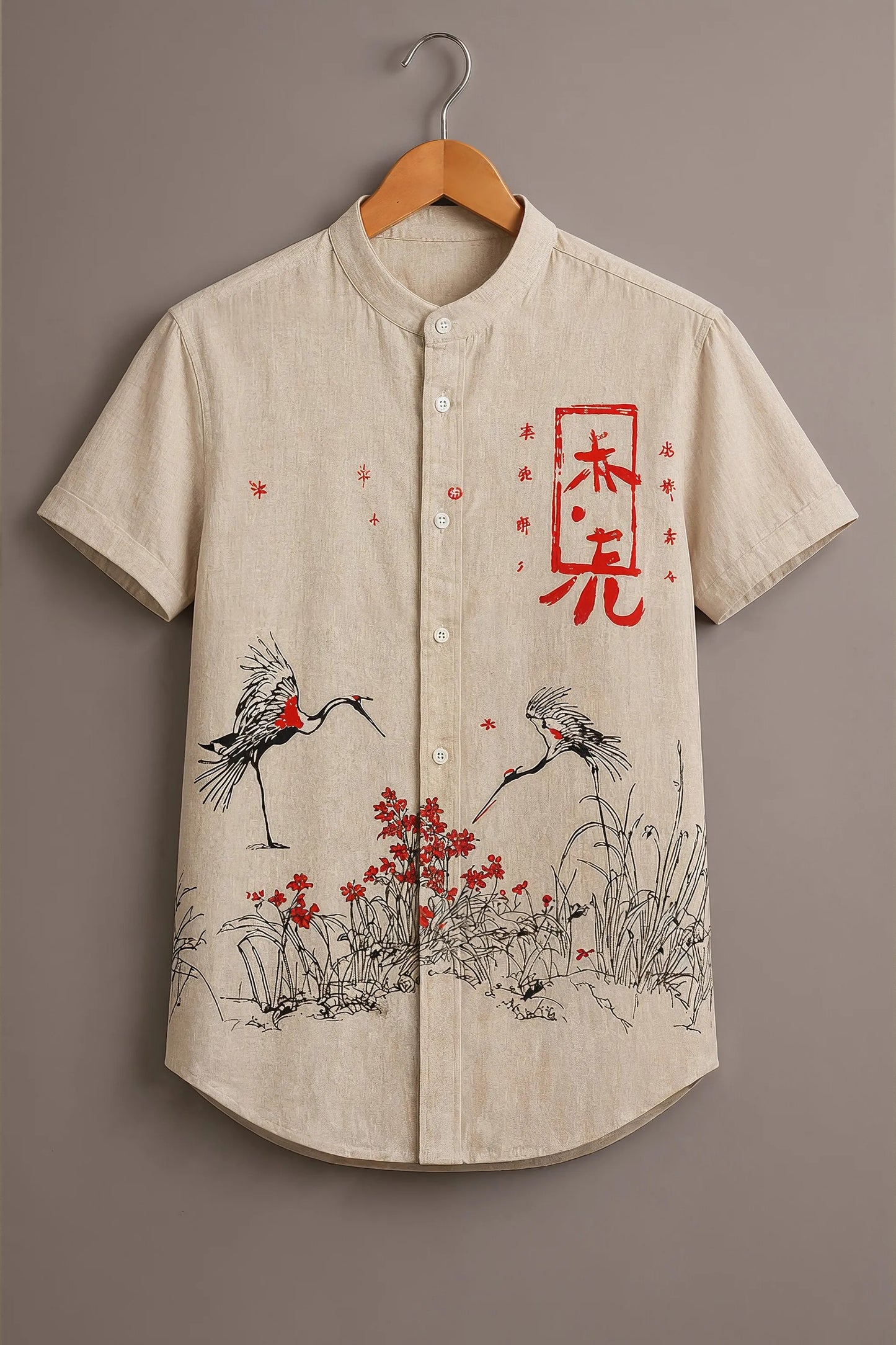 Men's Japanese Crane Print Mandarin Collar Short Sleeve Casual Shirt