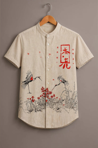 Men's Japanese Crane Print Mandarin Collar Short Sleeve Casual Shirt