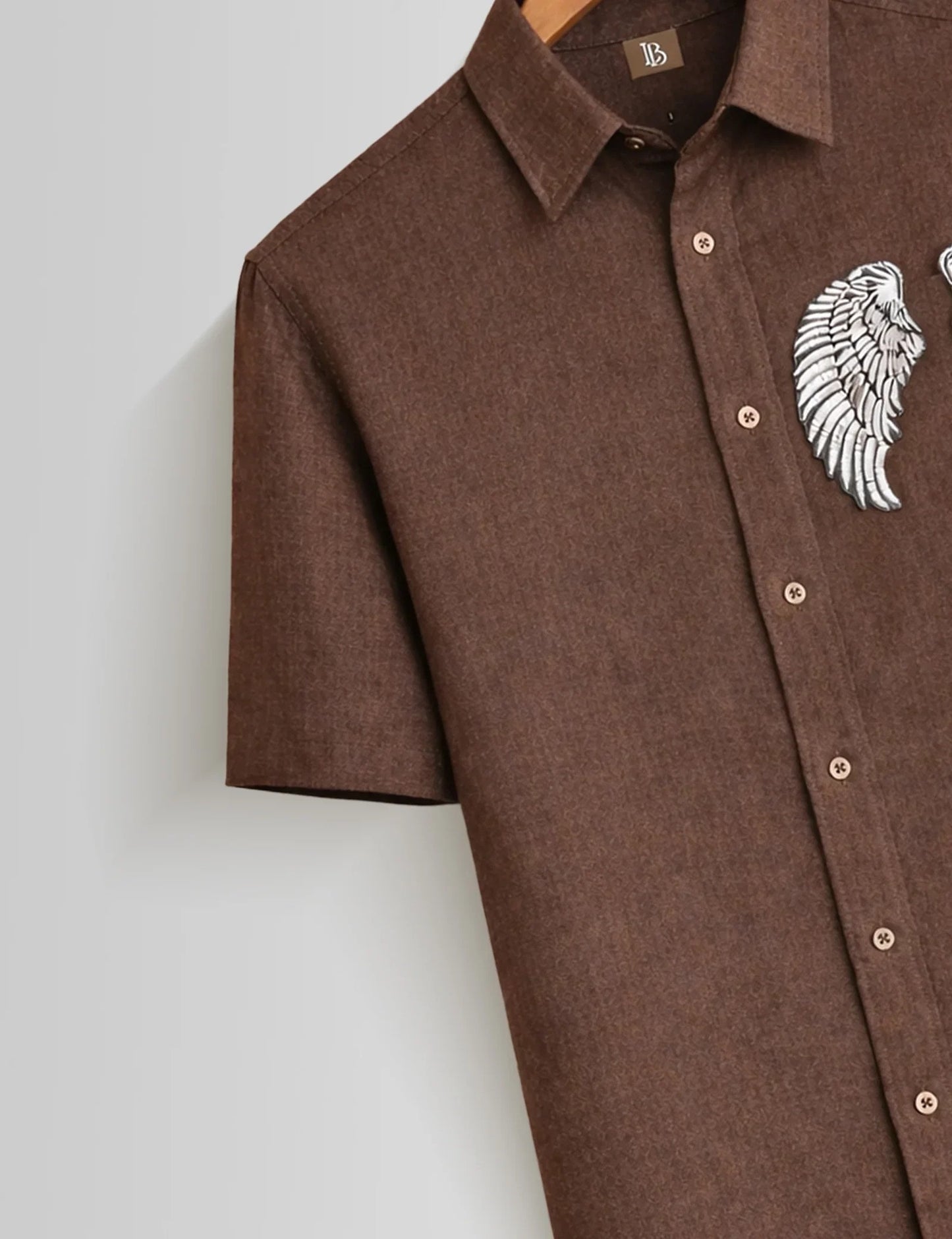 Men's Brown Angel Wings Embroidered Short Sleeve Casual Button-Up Shirt
