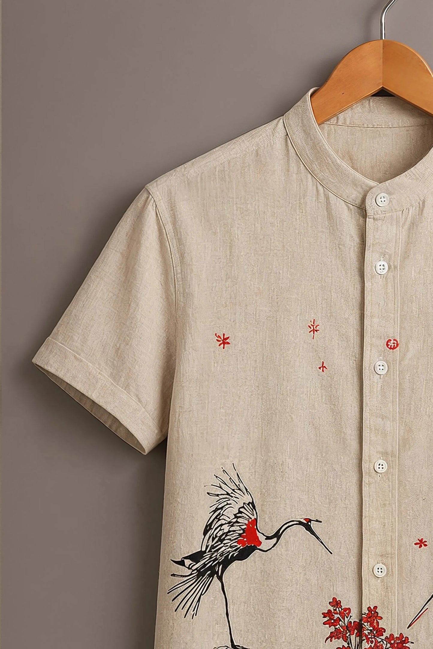 Men's Japanese Crane Print Mandarin Collar Short Sleeve Casual Shirt