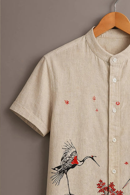 Men's Japanese Crane Print Mandarin Collar Short Sleeve Casual Shirt
