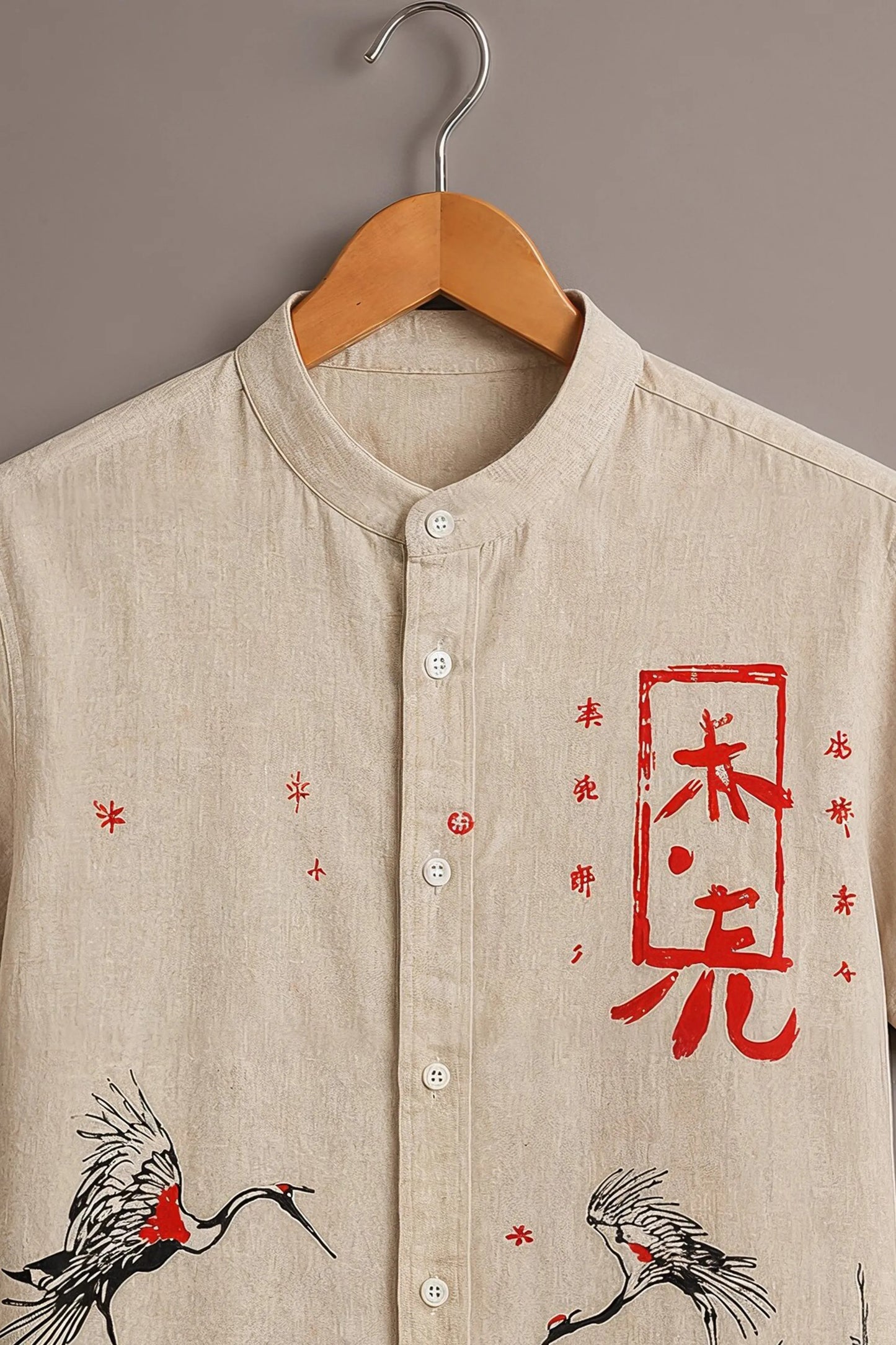 Men's Japanese Crane Print Mandarin Collar Short Sleeve Casual Shirt