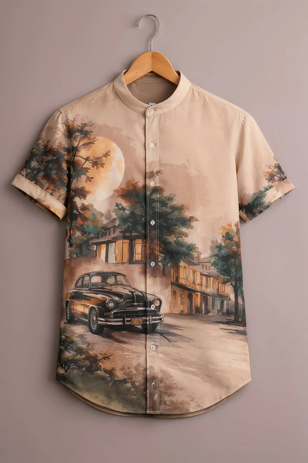 Men's Vintage Car Scenic Print Mandarin Collar Short Sleeve Casual Shirt