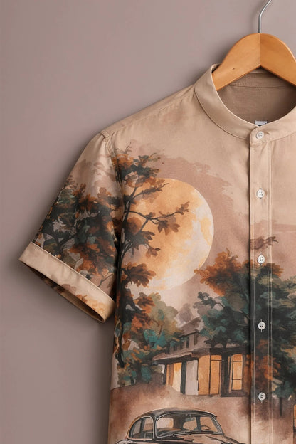 Men's Vintage Car Scenic Print Mandarin Collar Short Sleeve Casual Shirt