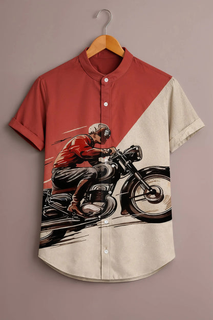 Men's Vintage Motorcycle Rider Graphic Mandarin Collar Short Sleeve Casual Shirt