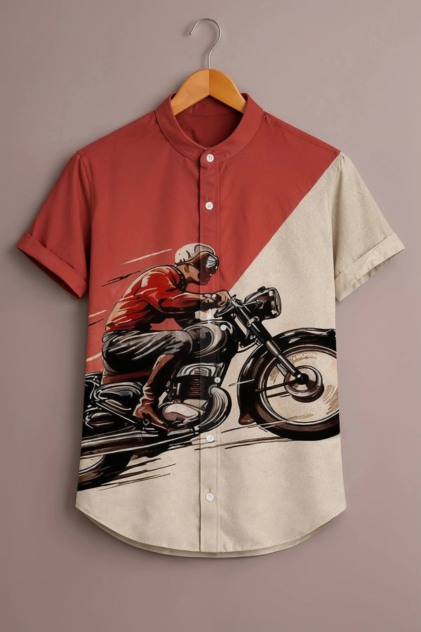 Men's Vintage Motorcycle Rider Graphic Mandarin Collar Short Sleeve Casual Shirt