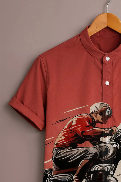Men's Vintage Motorcycle Rider Graphic Mandarin Collar Short Sleeve Casual Shirt