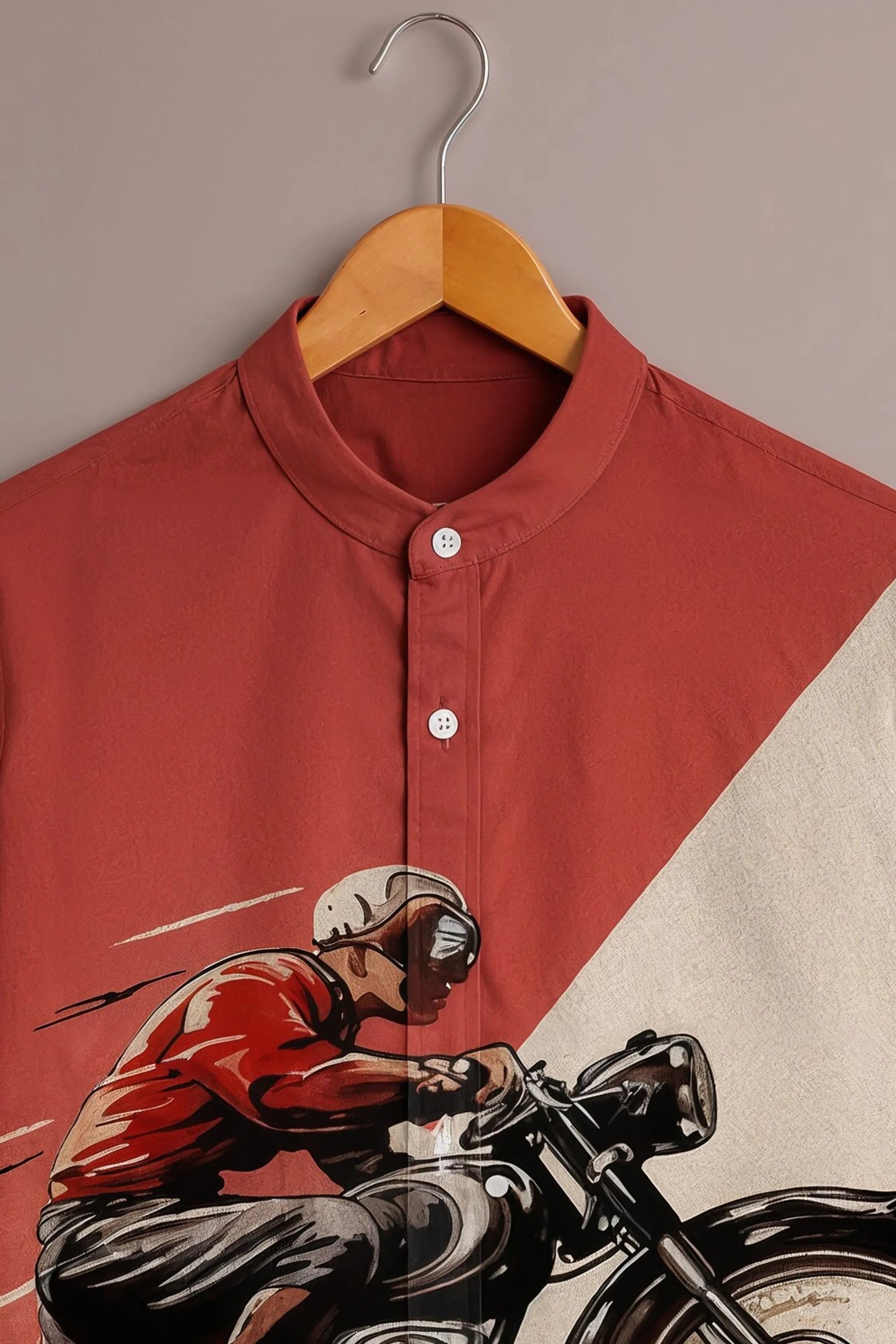 Men's Vintage Motorcycle Rider Graphic Mandarin Collar Short Sleeve Casual Shirt