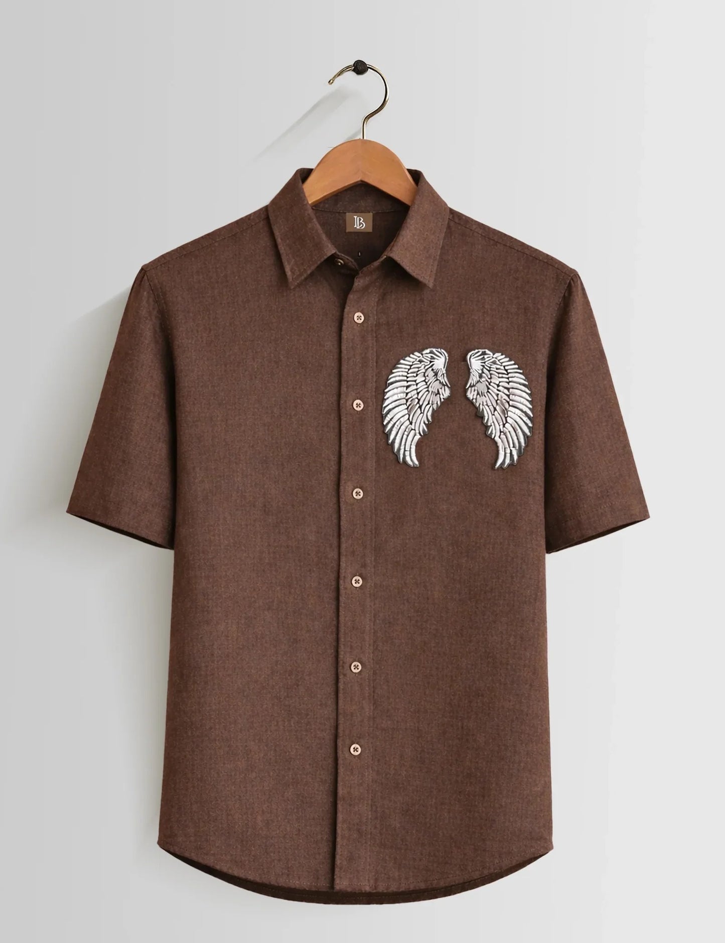 Men's Brown Angel Wings Embroidered Short Sleeve Casual Button-Up Shirt