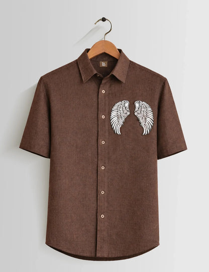 Men's Brown Angel Wings Embroidered Short Sleeve Casual Button-Up Shirt