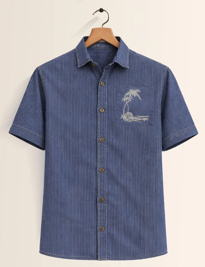 Men's Chinese Ink Landscape Print Short Sleeve Casual Button-Up Shirt – White