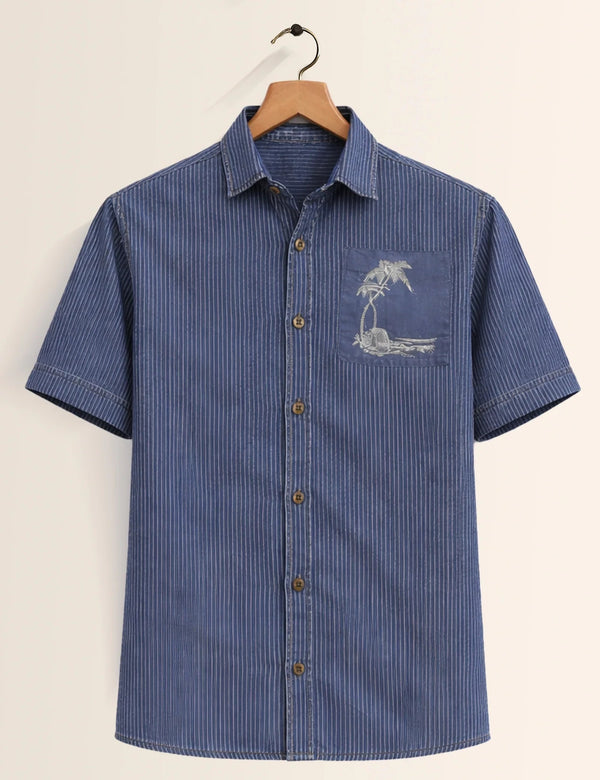 Men's Chinese Ink Landscape Print Short Sleeve Casual Button-Up Shirt – White