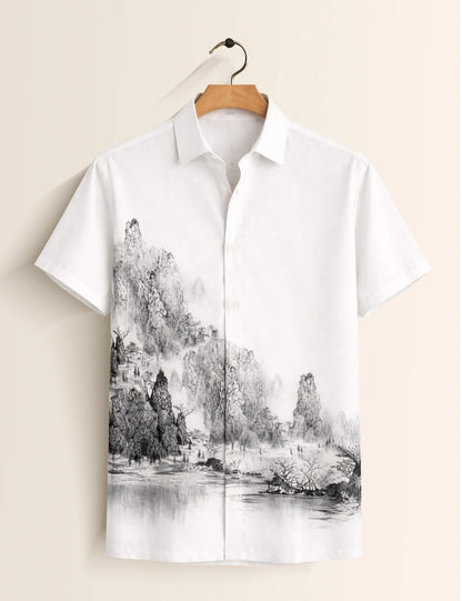 Men's Sage Green Floral Tile Print Mandarin Collar Short Sleeve Casual Shirt
